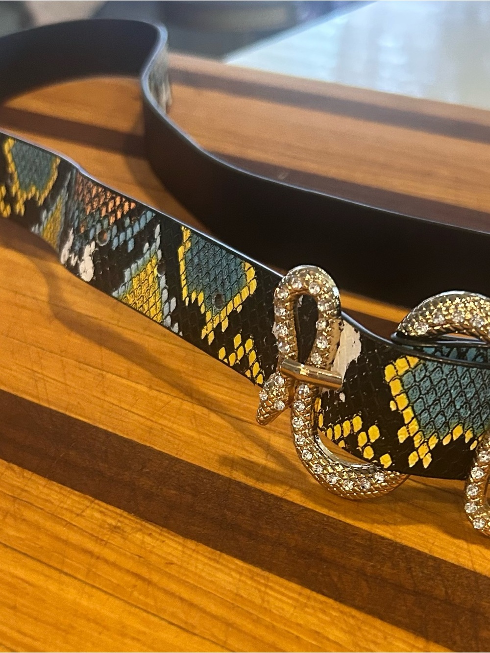 Women's Black Snakeskin Print Belt with gold rhinestone detail